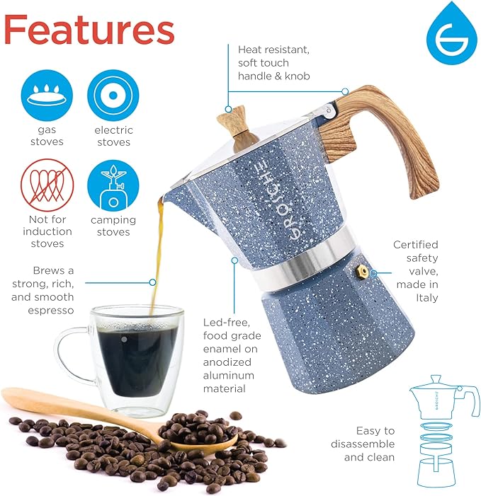GROSCHE Milano Moka Pot - Stovetop Coffee Maker and Percolator for Espresso - 3 Cup, Indigo