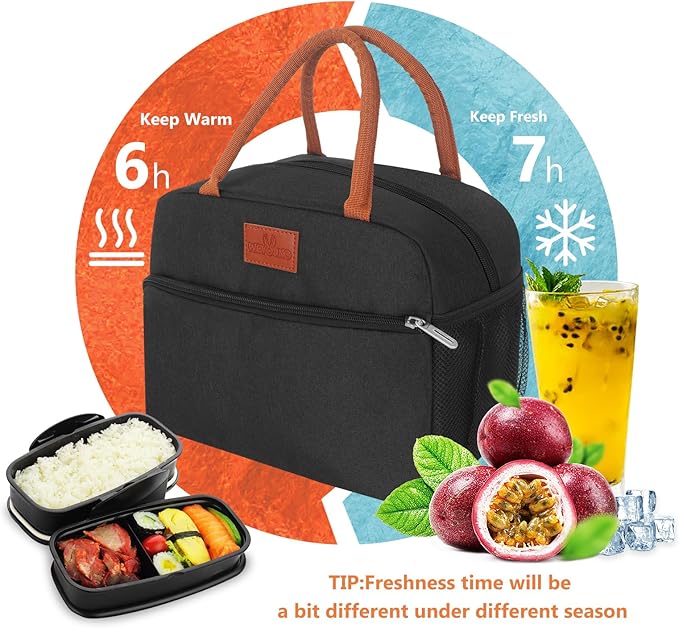 CCidea Lunch Bag for Women/Men, Insulated Lunch Box Bag for Women Adult Men, Small Leakproof Lunch Tote Bag, Reusable Lunch Cooler bag Container for Work/Office/Picnic/Travel -Black