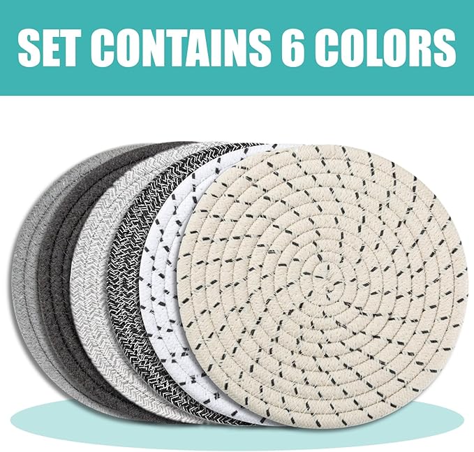 Trivets for Hot Dishes, Pots and Pans, 8 Inches Hot Pads 6 Pcs, Pot Holders for Kitchen, Heat Resistant Mat Protect Counter, Coasters Set Home Essentials Farmhouse Decor (Mix Gray)