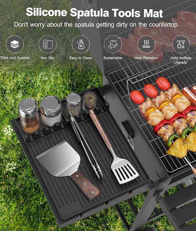 Silicone Griddle Tools Mat for Blackstone - Large Silicone Spatula Mat with Drip Pad - Griddle Mats BBQ Grill Accessories - Side Shelf Mats Grill Pad for Blackstone Griddles Accessories(Black)