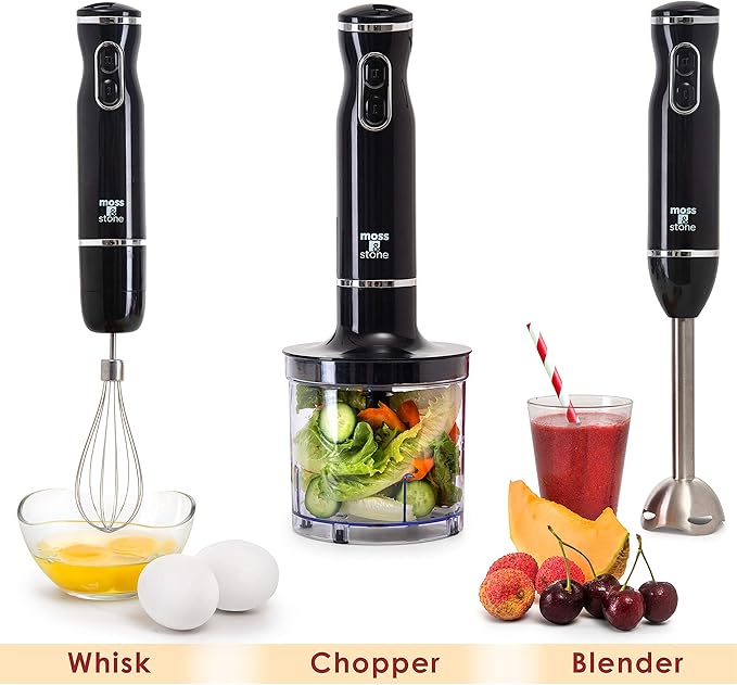 Moss & Stone Hand Blender Electric With Egg Whisk & Chopper, Powerful 300 Watt Immersion Hand Blender Set, Mixer Set Stainless Steel Shaft & Blades, Black Handheld Mixer With Ergonomic Grip