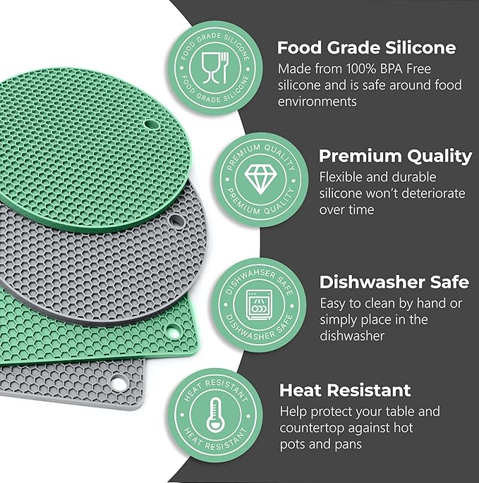 Silicone Trivets for Hot Dishes, Pots, Pans (4 Pack) - Heat-Resistant Pot Holders for Kitchen Countertop Mats - Silicone Trivet Mat - Multipurpose Counter Pads