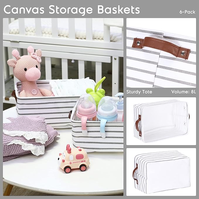Hinwo 6-Pack Small Canvas Fabric Storage Baskets Set with Handles, Open Storage Bins, Cube Storage Organizer, Shelf Organizer Bins for Closet, 7.9L, 12 x 8 x 5 Inches (Gray Stripe)