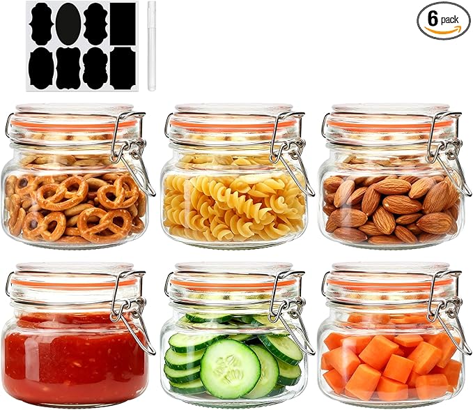 Encheng 16 oz Glass Jars With Airtight Lids And Leak Proof Rubber Gasket,Wide Mouth Mason Jars With Hinged Lids For Kitchen,Glass Storage Containers 6 Pack