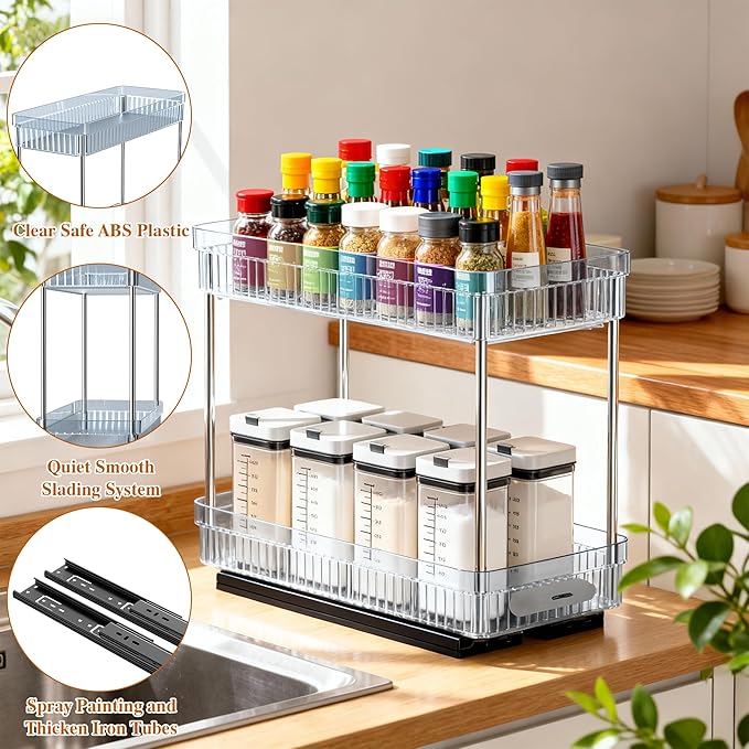 2 Pack Pull Out Spice Rack Organizer for Cabinet, 2 Tier Slide Out Spice Racks Organizer, Spice Cabinet Organizers, Cabinet Size Need:12'' High x 11'' Deep x 5'' Wide, Clear Acrylic