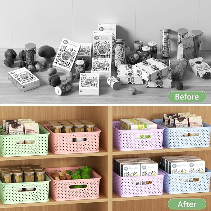 MaxGear Organization and Storage 3 Packs, Plastic Bins Organizer Bins, Woven Baskets for Storage, Plastic Baskets with Handles, Green Basket for Organizing, Basket Organizer for Home and Office, Large