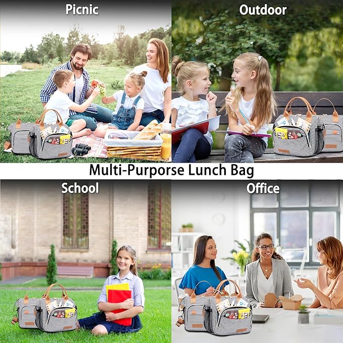 TuErCao Small Lunch Bag Lightweight Insulated Lunch Box for Women Work Portable Soft Cooler for Picnic Travel Road Trips, Loncheras para Mujer, Stripes