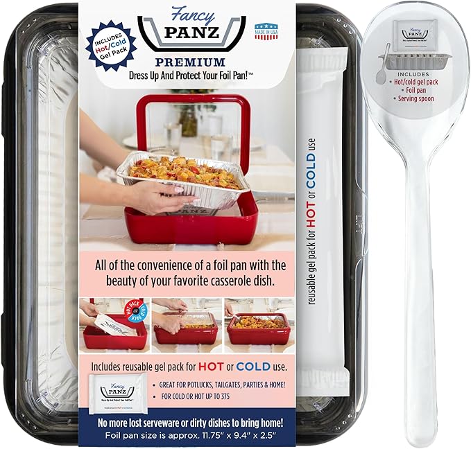 Fancy Panz - Charcoal Premium Aluminum Foil Pan Carrier with Lid & Hot/Cold Pack - Elevated Food Serving Tray - Portable Casserole Carrier with Lid - Made in the USA Hosting Essentials