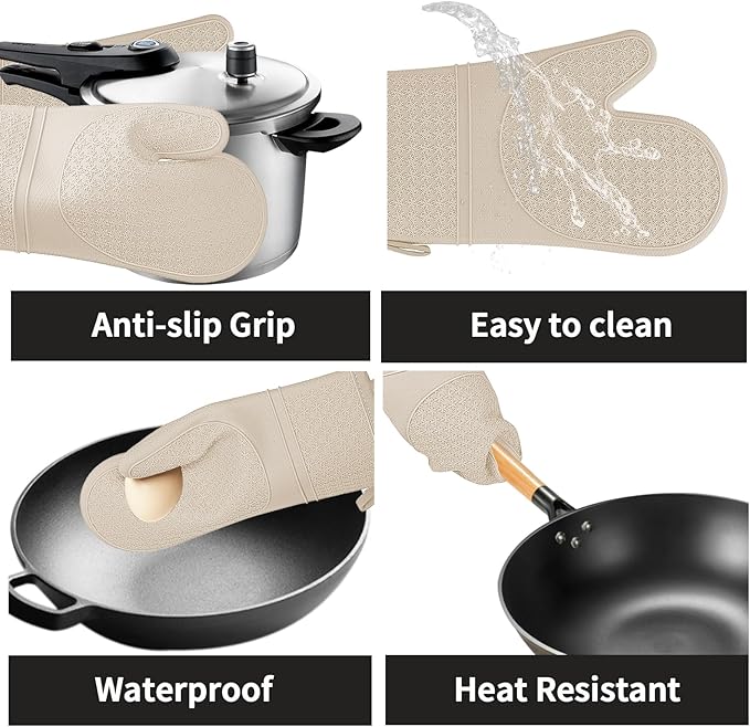 Hovico Silicone Oven Mitts, Heat Resistant 500F Kitchen Mitts 2PCS, 11.6" BPA-Free Soft Baking Gloves, Non-Slip Grip Oven Gloves with Soft Cotton Lining for Kitchen Cooking Baking BBQ - Milkshake