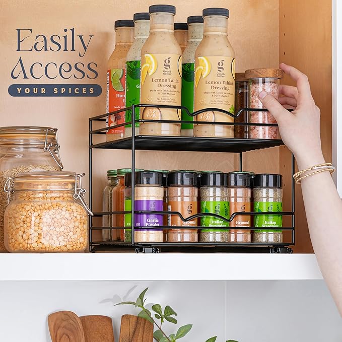 Pull Out Cabinet Organizer for Spices, Cans - Heavy Duty with Lifetime Limited Warranty- Pull Out Spice Rack- Cabinet Pull Out Shelf for Cans,Dishes, Etc, 20-3/8"Wx 10-1/2"D x 2-3/4” H, Black
