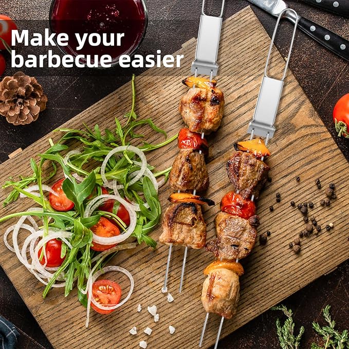Skewers for Grilling - 13" Kabob Skewers with Push Bar Double Pronged Anti-Roll Metal Skewer for Kabobs, Stainless Steel Reusable BBQ Skewer for Grilling,Ideal for Meat Shrimp Vegetable 6pcs