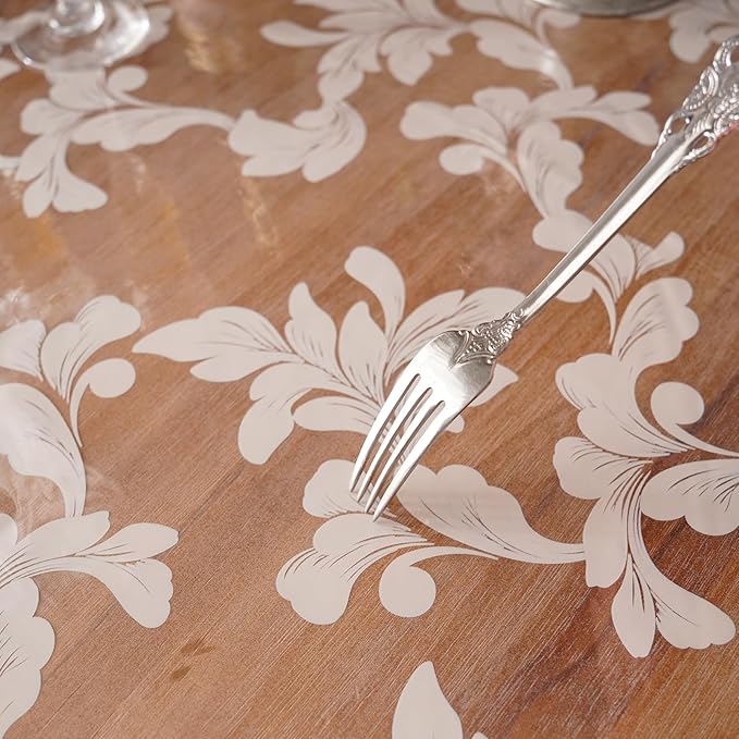 Vinyl Table Cloth Rectangle Clear Table Cover Protector with Block Printed Pattern Oil Spill Proof Farmhouse Rustic Plastic Table Covers for Dining Tables (Scroll Grass, 55 x 104 Inches)