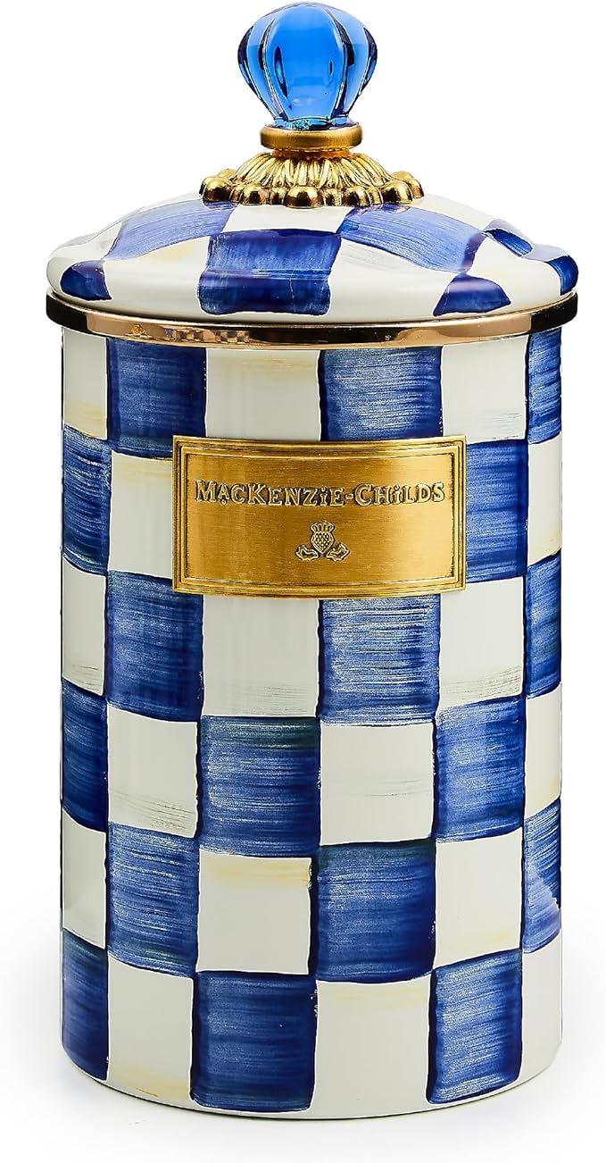 MACKENZIE-CHILDS Large Enamel Canister, Kitchen Storage Container for Flour and Sugar, 1.89 Liters, Blue-and-White Royal Check