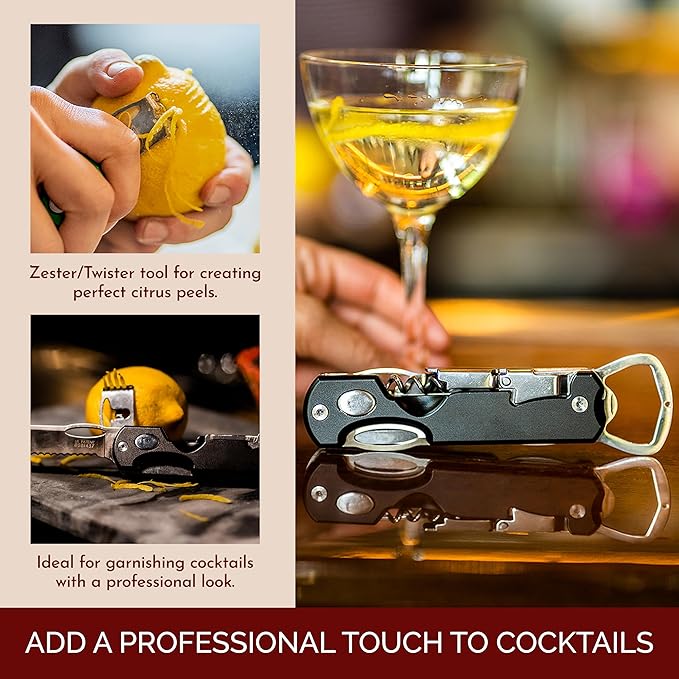 Bartender's All-in-One Bar Tool Set: Corkscrew, Zester, Citrus Knife and Bottle Opener Kit with Magnet for Picnics, Tailgating, BBQs, Camping, Travel, Beach Parties and Bartending, Black