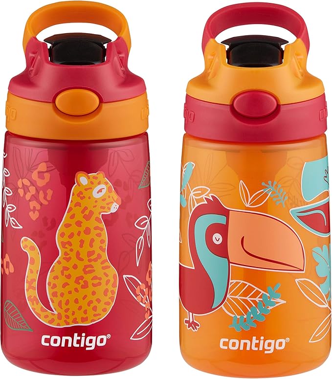 Contigo Aubrey Kids Water Bottle with Silicone Straw and Spill-Proof Lid, 14 oz, 2 Pack, Cheetahs & Toucans