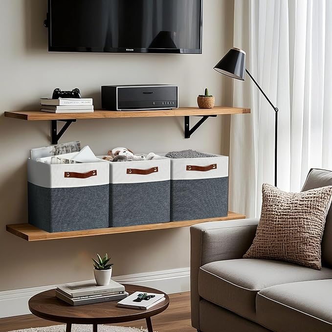 DECOMOMO Fabric Cube Storage Bins - Storage Baskets for Shelves, Cube Storage Organizer for Kallax and Cubbies (Slate Grey & White, 11 inch Cube) - 4 Pack