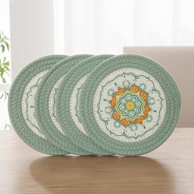 SHACOS Sage Green 8 Inches Trivets for Hot Dishes, 4 Pieces Cotton and Felt Floral Pattern Trivet Mats for Kitchen, Hot Pads for Countertops, Table, Heat-Resistant Pot Holders for Hot Pots and Pans