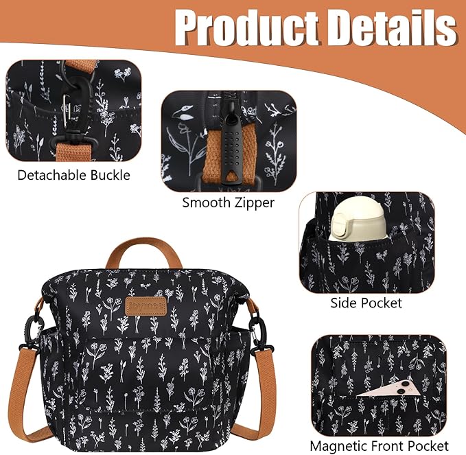 Joymee Lunch Bag Women Insulated Lunch Box Reusable Leakproof Large Spacious Cooler Tote for Women Men Adult with Bottle Holder and Side Pockets for Work Office Travel Picnic -08 White Little Flower