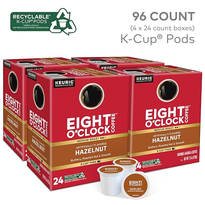 Eight O'Clock Coffee Hazelnut, Single-Serve Keurig K-Cup Pods, Flavored Medium Roast Coffee Pods, 96 Count