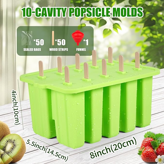 Popsicles Molds,10-Cav Silicone Popsicle Molds for Kid, BPA-Free Popsicle Mold, Ice Pop Mold Maker, Food Preparation Molds With 50 Bags, 50 Strips and Funnel (#Green)