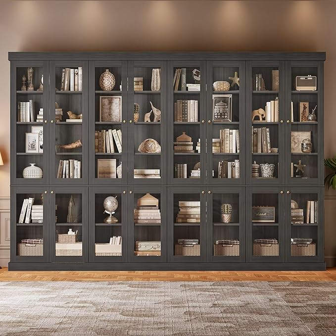 70.8" Bookshelf with Glass Doors, Farmhouse Modular Bookcase with 6-Tier Adjustable Shelves, Large Storage Cabinet for Living Room & Home Office, Set of 3, Black