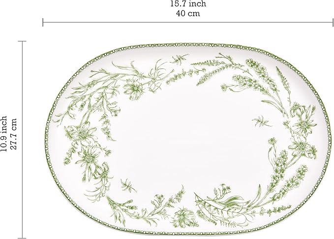Bico Green Garden Toile De Jouy 16 plus 12 inch Oval Platters Set, Set of 2, Microwave and Dishwasher Safe, for Serving Fish, Chicken, Turkey