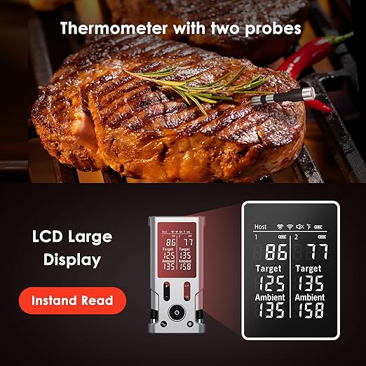 Wireless Meat Thermometer, 800FT Bluetooth Cooking Thermometer, 2 Ultra-Thin Probes, LCD Display, Digital Food Thermometer for Grill, BBQ, Smoker, Air Fryer, Rotisserie
