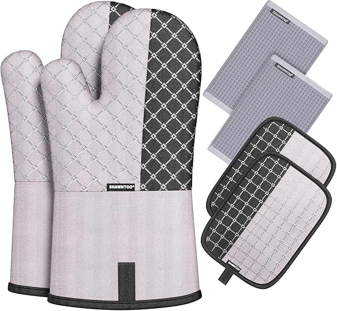 Oven Mitts and Pot Holders Sets 6pcs, Kitchen Oven Glove,High Heat Resistant 550 Degree Extra Long Oven Mitts and Potholders with Non-Slip Silicone Surface for Home Essentials (Grey) (Slate Grey)