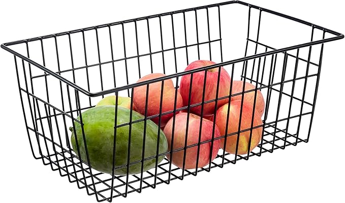 iPEGTOP Wire Freezer Stroage Baskets, 13.4 inch Set of 2 Farmhouse Storage Bins Basket Freezer Storage Organizer Bins with Handles for Kitchen Cabinets, Pantry, Closets, Bedrooms, Bathrooms- Black