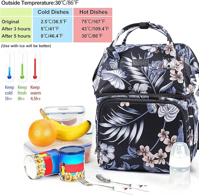 AmHoo Insulated Lunch Box Cooler Backpack Waterproof Leak-Proof Lunch Bag Tote for Men Women Hiking Beach Picnic Trip with Strongest YKK Zipper Black Flower Pattern
