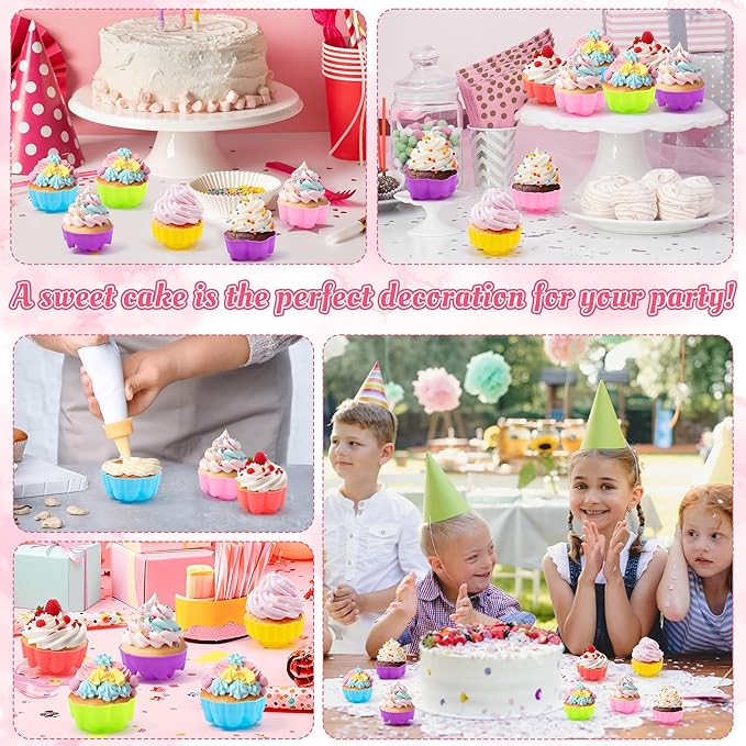 R HORSE Mini Silicone Cupcake Molds - 42Pcs 2 Inch Muti-color Flower-shaped Baking Cups, Reusable Non-Stick Muffin Baking Cups Cupcake Wrappers for Pudding Dessert Donut Oven Dishwasher Microwave Safe