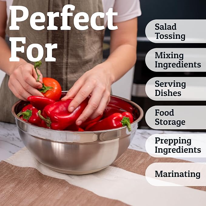 Priority Chef 6Pc Large Mixing Bowls With Lids Set with Non-Slip Bases, Stainless Steel Mixing Bowl Set, 6 Airtight Lids and 3 Graters, Khaki
