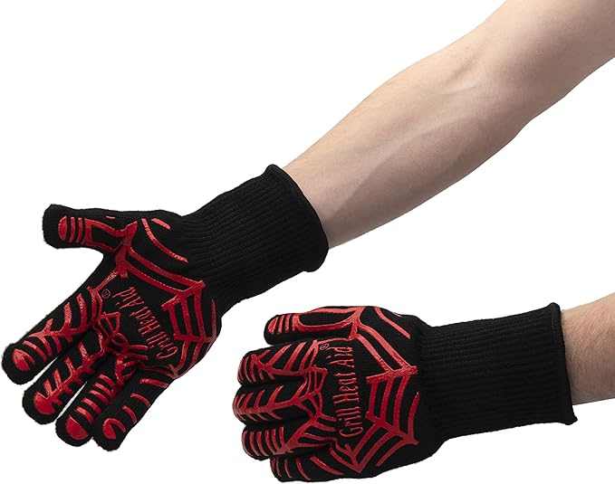 GRILL HEAT AID BBQ Grill Gloves Heat Proof for Grilling – Fireproof 1472°F Heat-Resistant Grill Mitts for Outdoor Barbecue and Smoker, Campfire, Fire Pit, Oven Glove with Fingers for Baking Pizza