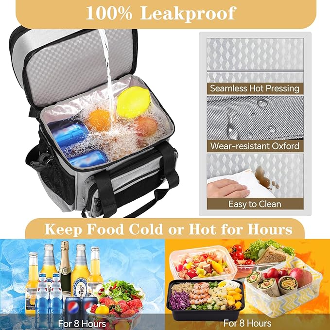 GLENKEY Double Deck Insulated Lunch Box, Expandable Large Lunch Bag Leakproof Cooler Bag Lunch Pail for Men Women Adults Work Shifts Travel Daytrip, Grey,16L
