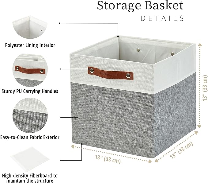 DECOMOMO Fabric Cube Storage Bins - Storage Baskets for Shelves, Cube Storage Organizer for Kallax and Cubbies (Grey & White, 13 inch Cube) - 4 Pack
