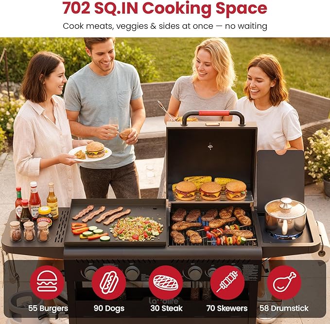 Griddle Grill Combo with Side Burner, 702 SQ.IN Cooking Space, 5 Burners Propane BBQ Grills of 50,000 BTU, Non-Stick Enamel Grate, Heavy-Duty Stand for Backyard BBQ & Outdoor Cooking