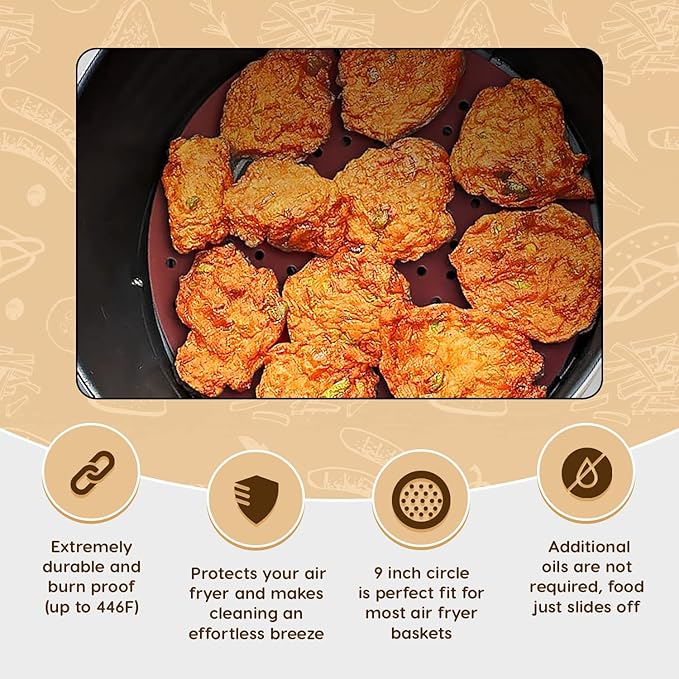 Reusable Round Silicone Air Fryer Liners (9 Inch, 3 Pack) by Linda’s Essentials - Non-Stick, Easy-Clean Accessories with Cheat Sheet & Recipe Book, Perfect for Quick Meals