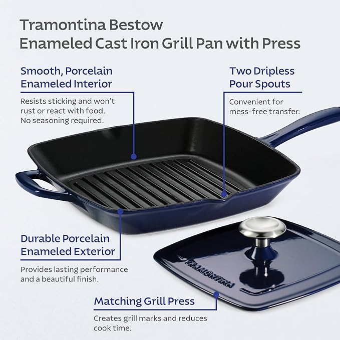 Tramontina Bestow Enameled Cast Iron Grill Pan with Press, 11-inch, Blue