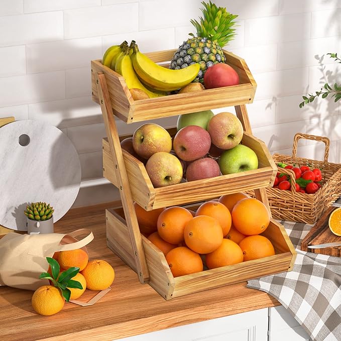 3 Tier Wooden Fruit Basket For Kitchen, Bread Vegetable Fruit Basket Bowl Stand, Farmhouse Fruit Bowl for Countertop, Large