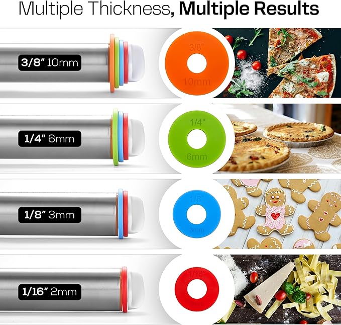 17 Inch Adjustable Stainless Steel Rolling Pin with 4 Thickness Rings & Non-Stick Pastry Mat – Professional Dough Roller for Pizza, Cookies, Pasta & Pies - Red