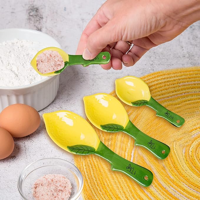 Lemon Ceramic Spoons Set: Lemon Shaped Measuring Spoons: 1 Tablespoon, 1 Teaspoon, 1/2 Teaspoon and 1/4 Teaspoon