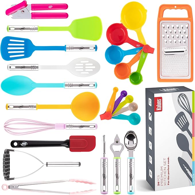 Kitchen Utensils Set, Cooking Utensil Set Kitchen Gadgets, Pots and Pans set Nonstick and Heat Resistant, 24 Pcs Nylon and Stainless Steel, Spatula Set, Apartment Essentials Kitchen Cookware Sets