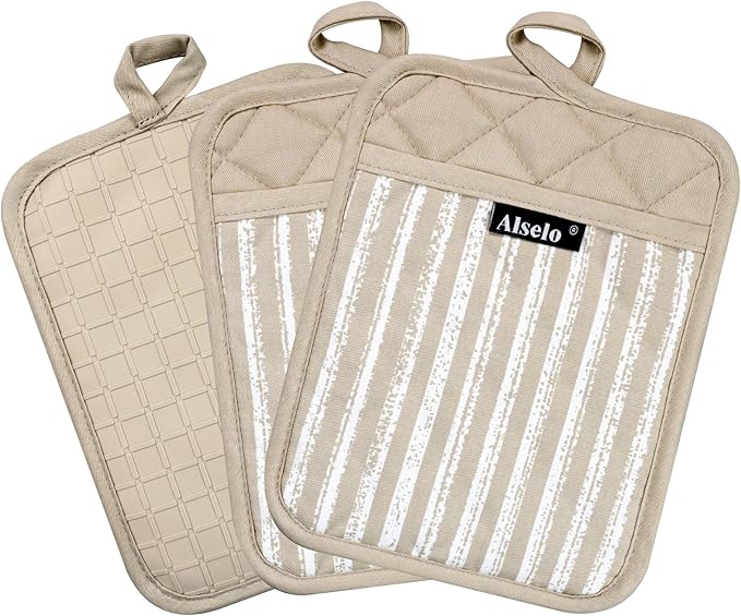 Silicone Pot Holders Set of 3 Heat Resistant & Non Slip Potholders, Professional Oven Hot Pads with Pockets Mitts for Kitchen Cooking Baking Barbecue (Khaki, 3)