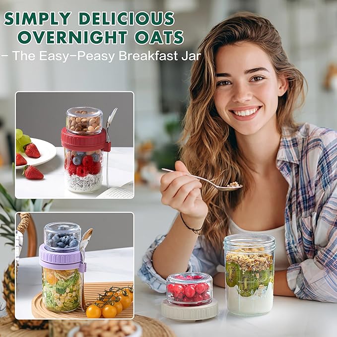 Danmu 4 Pack Overnight Oats Containers with Lids 16 oz,Dual-Layer Yogurt Parfait Cups with Lids,Meal Prep Containers Glass for Snack,Overnight Oats,Yogurt,Parfait,Salad Dishwasher Safe