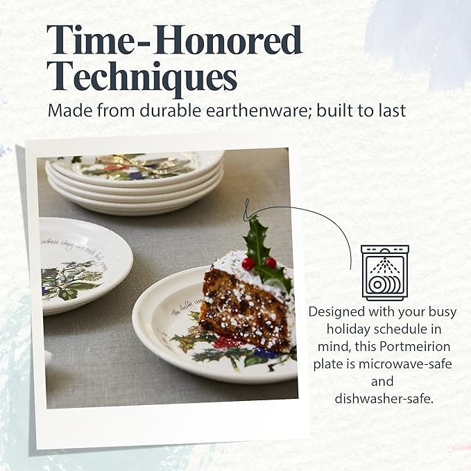 Portmeirion Holly and Ivy 7.25" Bread & Butter Plate (Set of 6) - Earthenware Plates, Holly Motif - Festive Holiday Tableware, Serving Tea, Snacks, Desserts - Microwave, Oven, Freezer, Dishwasher Safe