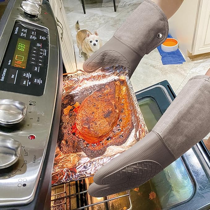 Professional Microwave Silicone Oven Mitts one Pair, Kitchen Mitten Set for Heat Resistant with 500 Degrees, Kitchen Gloves Pot Holder for BBQ Cooking Baking (Khaki)