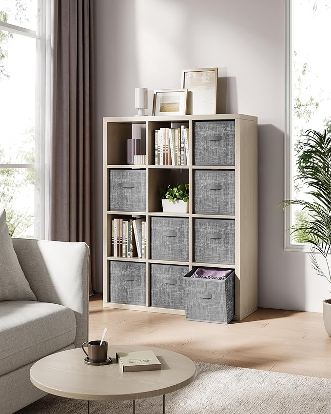 SONGMICS Storage Cubes, 11.8 x 11.8 x 11.8 Inches Non-Woven Fabric Bins with Double Handles, Set of 8, Closet Organizers for Shelves, Foldable, for Clothes, Cattail Gray UROB830G01
