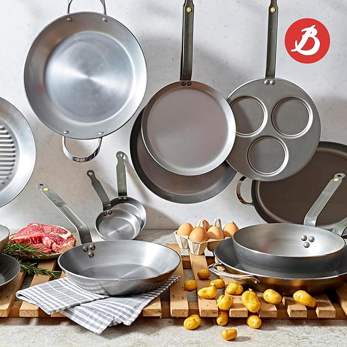 De Buyer MINERAL B Carbon Steel Country Fry Pan - 11” Diameter, 7.7” Cooking Surface - Ideal for Sauteing, Simmering, Deep Frying & Stir Frying - PFAS, PFOA & PFOS Free - Made in France