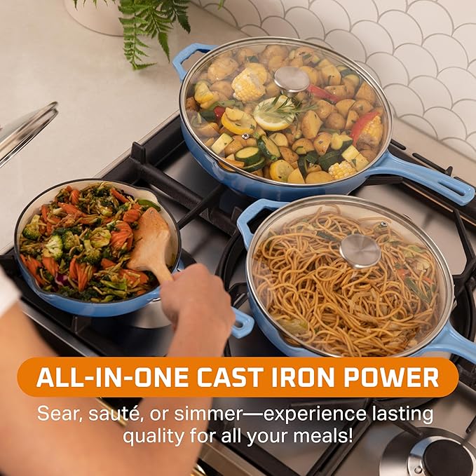 Bruntmor Pre-Seasoned Cast Iron Frying Pan Set - 8, 10, 12 Inch Blue Enamel Nonstick Skillets with Tempered Glass Lid - Oven Safe Egg and Grill Pan Set for Cooking, Searing, and Frying