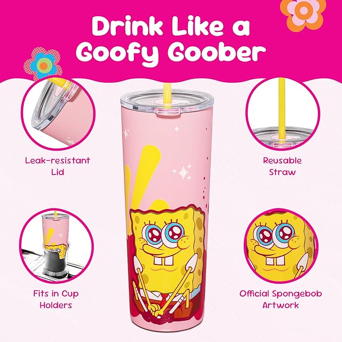 Dragon Glassware x SpongeBob SquarePants 24 oz Vacuum Insulated Tumbler with Lid and Straw - Tumbler Cup with 2 Straws - Stainless Steel Tumbler with Straw for Water, Iced Tea - SpongeBob - Pink